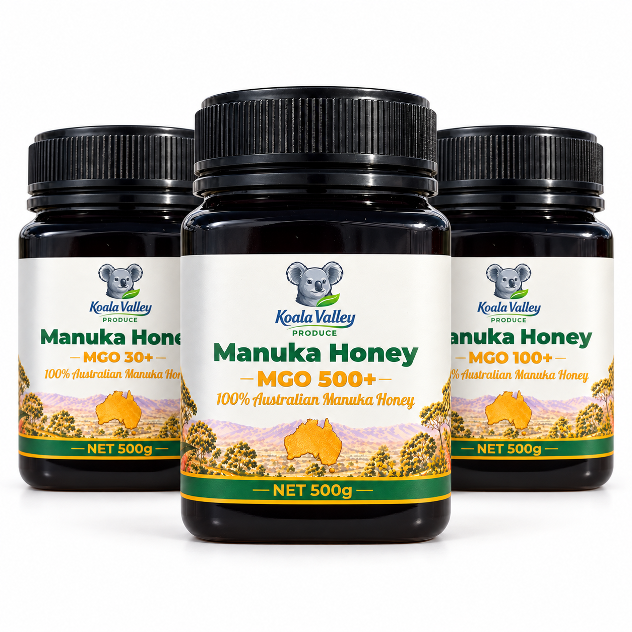 Koala Valley Produce MGO 30+, MGO 500+ and MGO 100+ honey jars