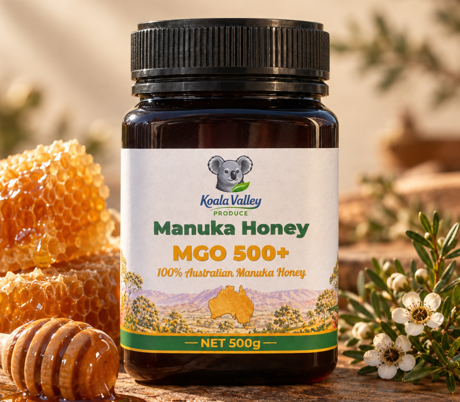 Koala Valley Produce Manuka honey MGO 500+ with honeycomb and flowers